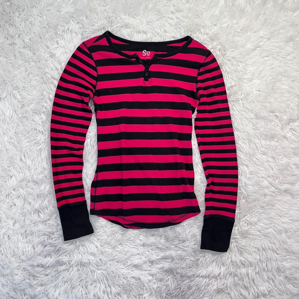 y2k pink & black striped button up thermal henley long sleeve top large